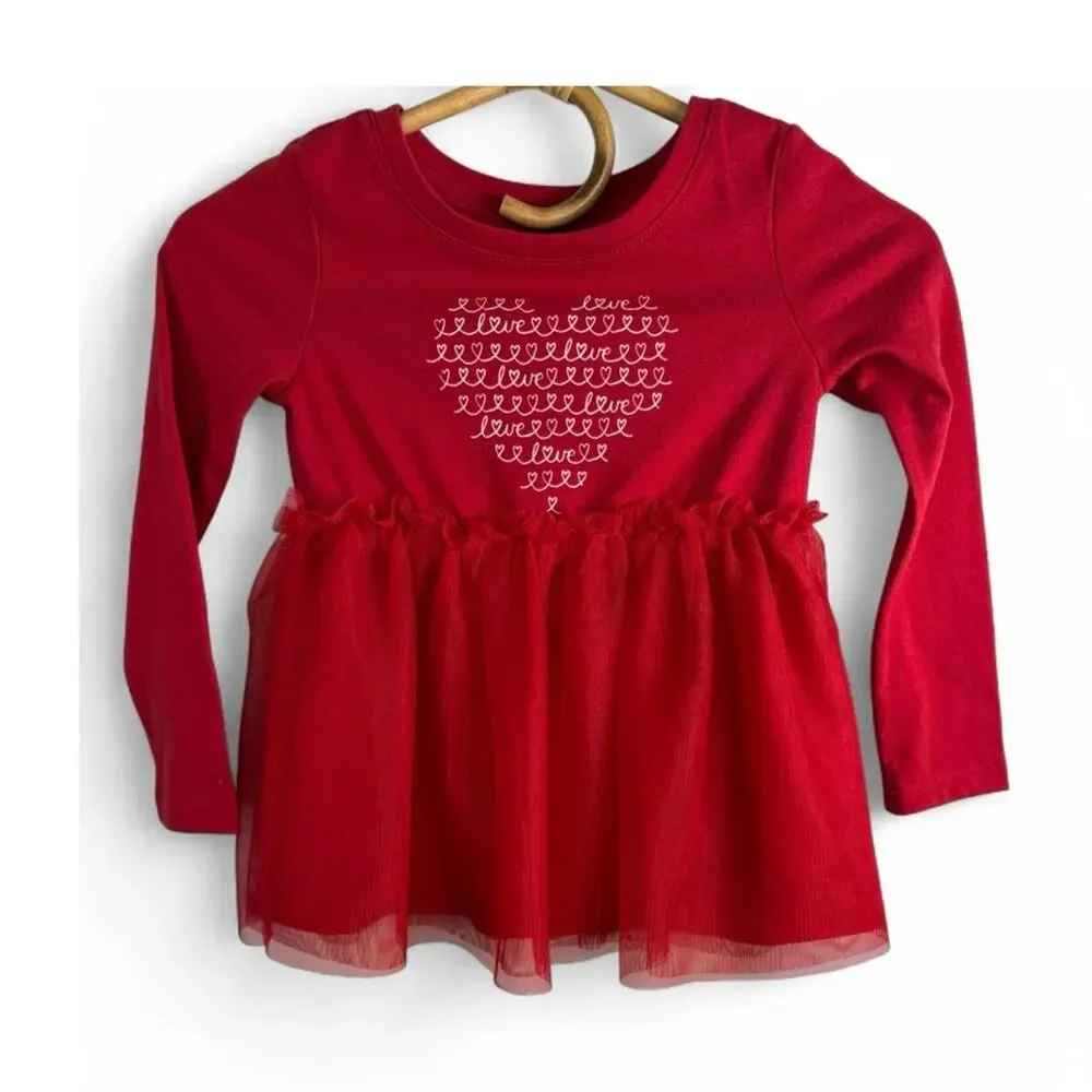 Cat & Jack Girls Red Long Sleeve Heart Graphic Tulle Dress size 5T